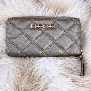 Bebe Pewter leather quilted full zip wallet